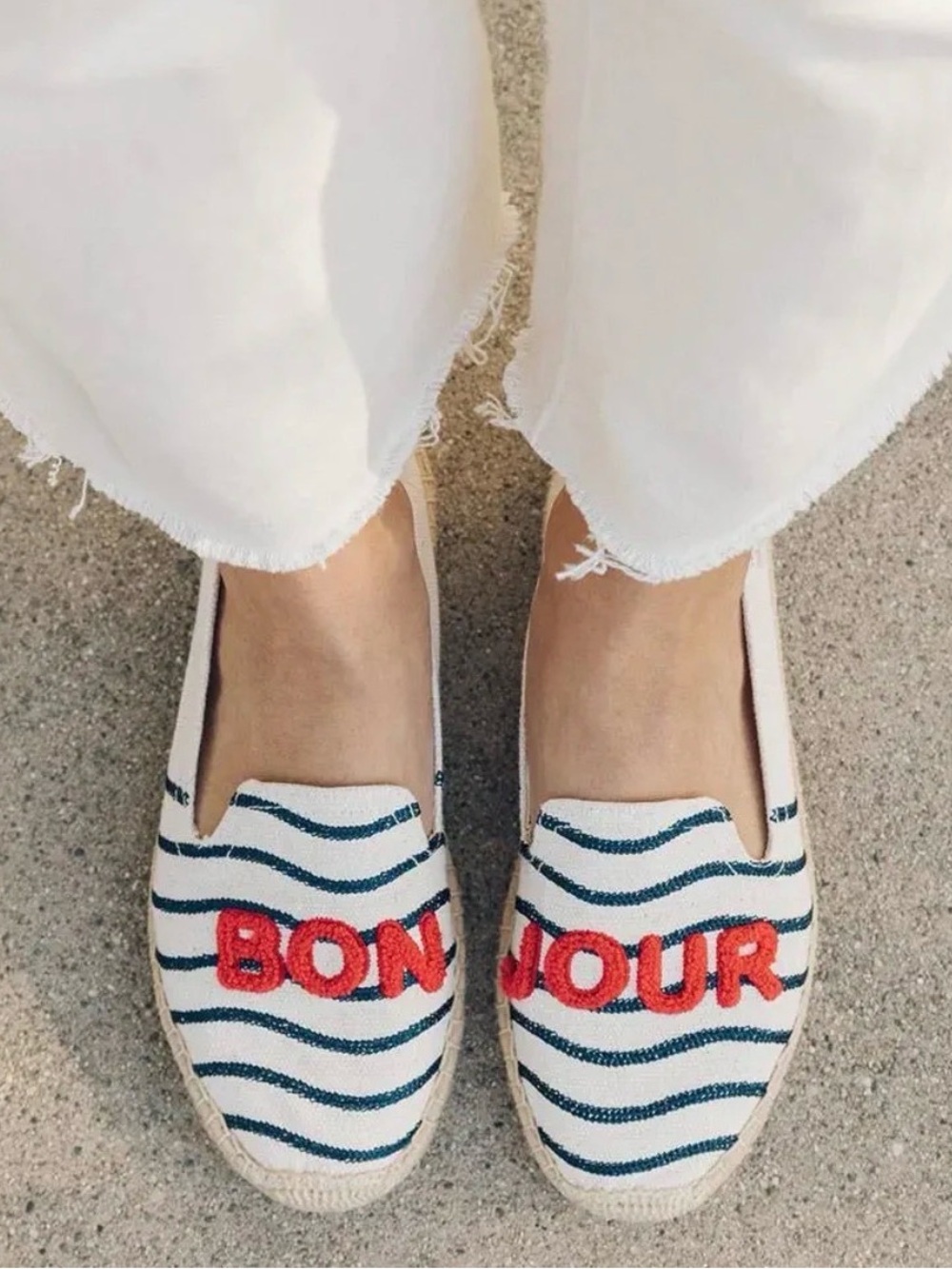 NWOT Soludos Espadrilles with Navy Stripes and Red 'BONJOUR' Embroidery